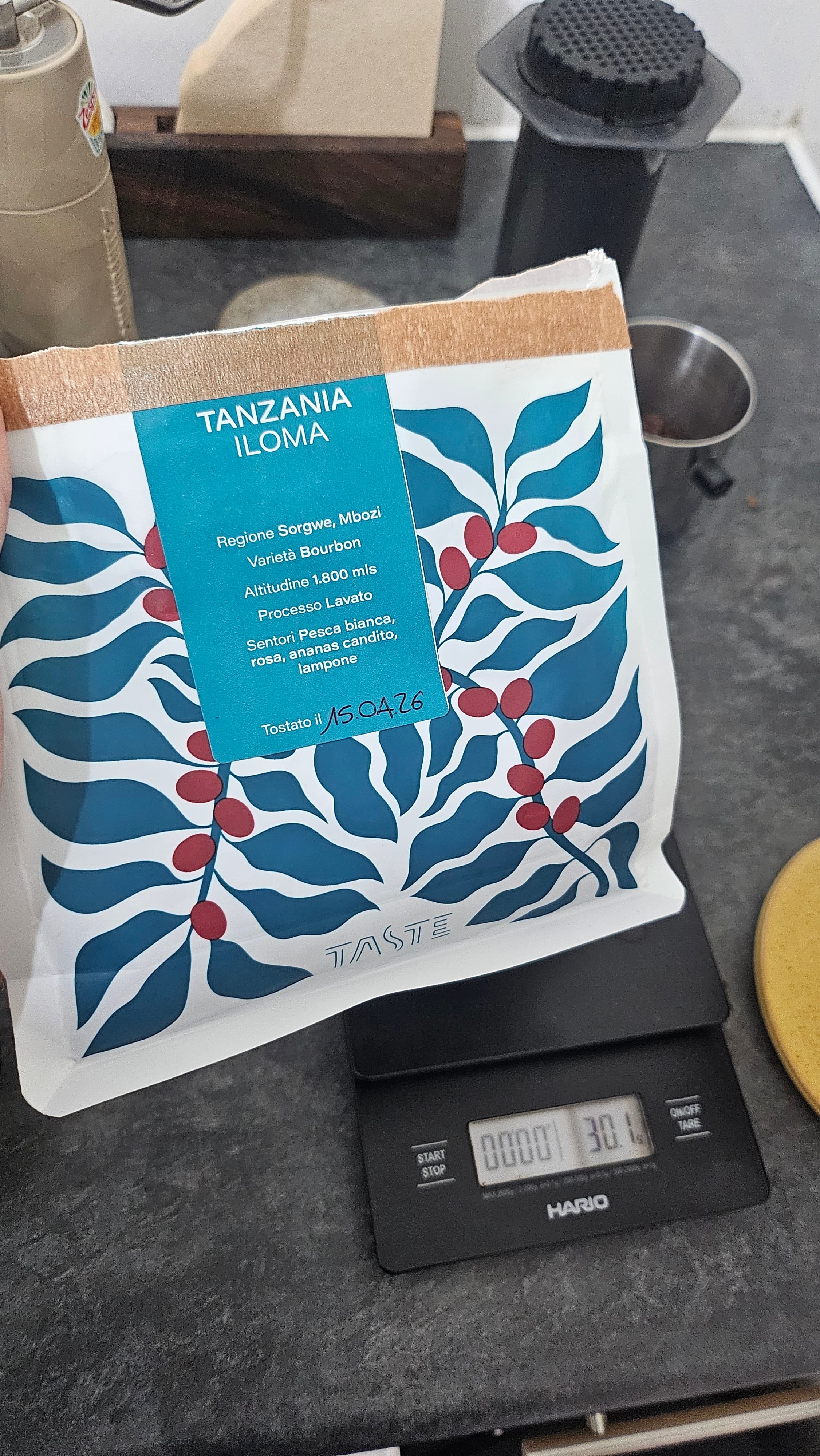 Tanzania that I got recently from the Italian pal on this website. 
Region: Sorgwe, Mbozi
Variety: Bourbon
Altitude: 1,800 ml
Process: Washed
Roaster: Taste, Treviso, Italy

Quite fruity, but not too sour. A nice sweetness in there, especially for a washed coffee. Well rounded. Think canned pineapples, this kinda vibe